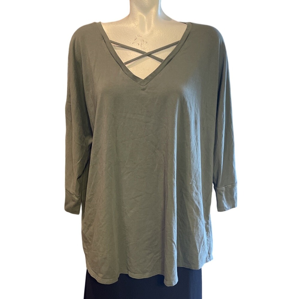 Olive Green V Neck Tunic‎ Top Criss Cross Long Sleeve Relaxed Casual